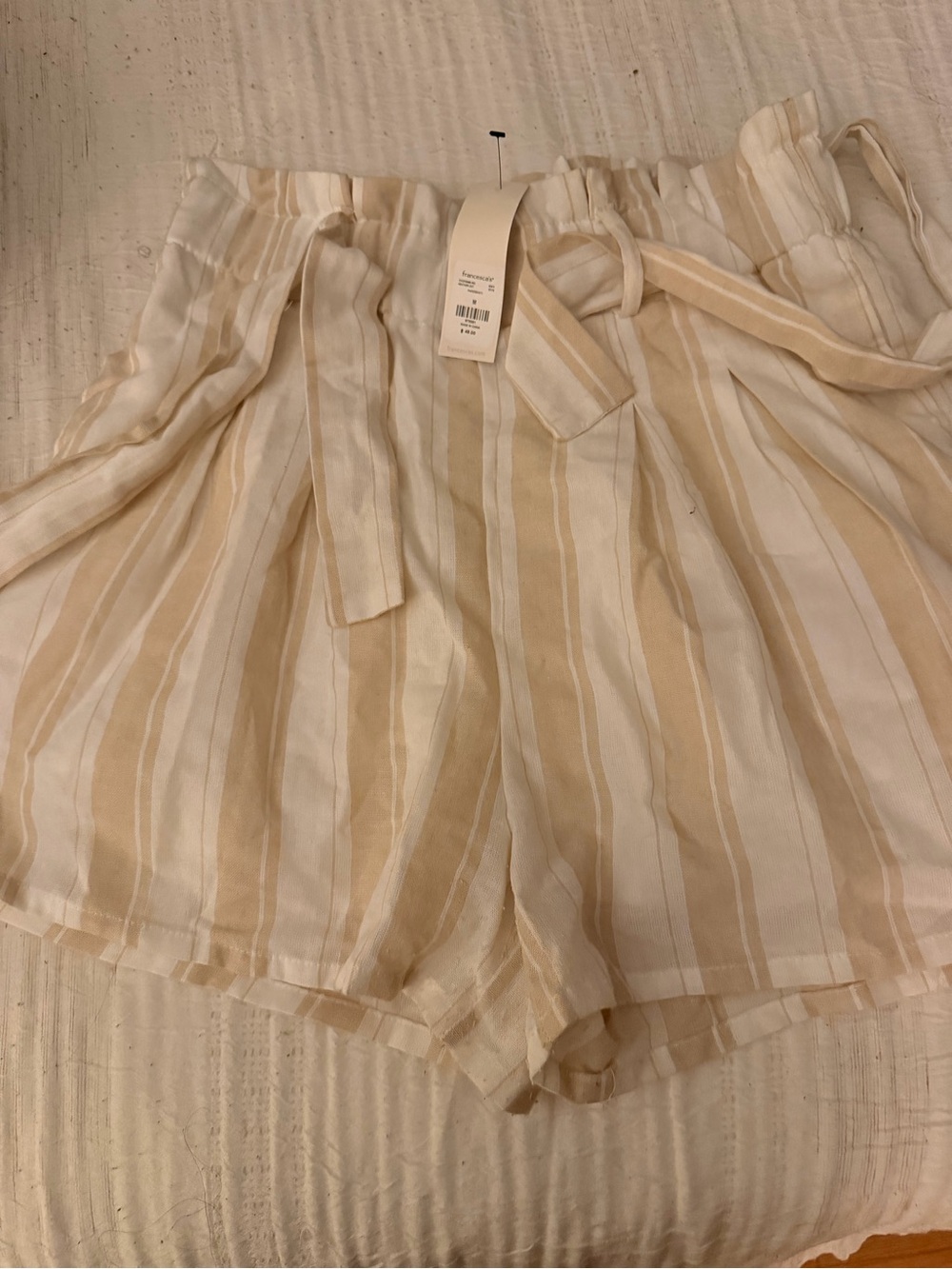 Francesca's Collections Beige and White Striped Paperbag Waist Shorts